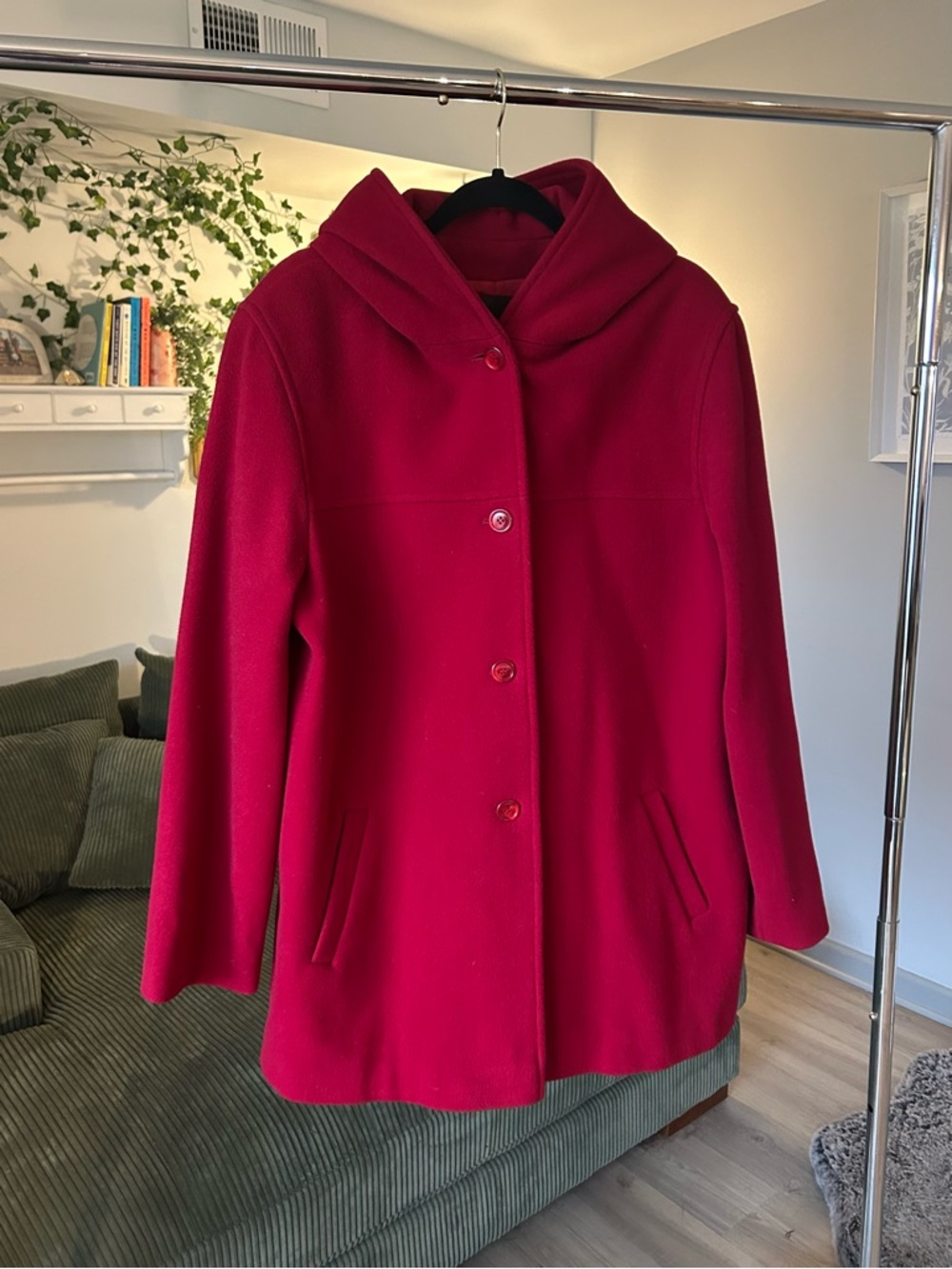 Womens Vintage J. Percy Hooded Wool Blend Coat - Red